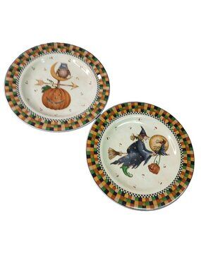 2 Sakura Debbie Mumm Halloween Salad Plates Witch Owl Weather Vane Vintage